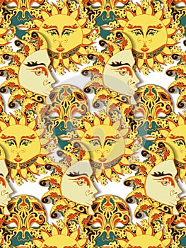 Seamless pattern with moon, Sun and mask